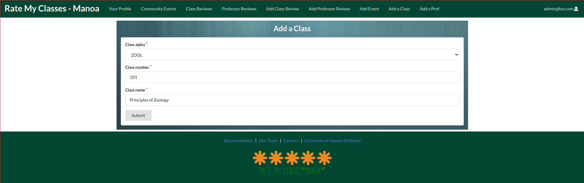 screenshot of the Add a Class page