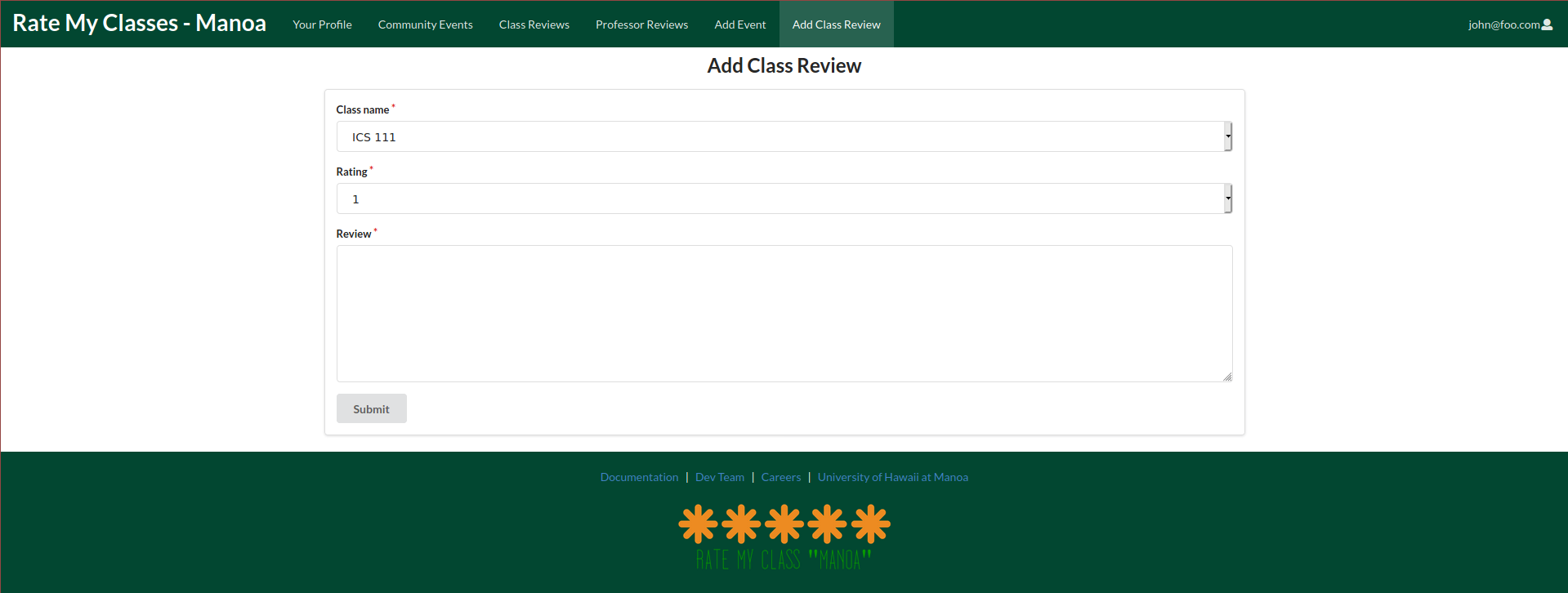 screenshot of the Add Class Reviews page