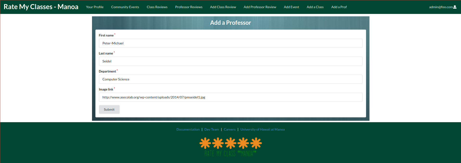 screenshot of the Add a Professor page