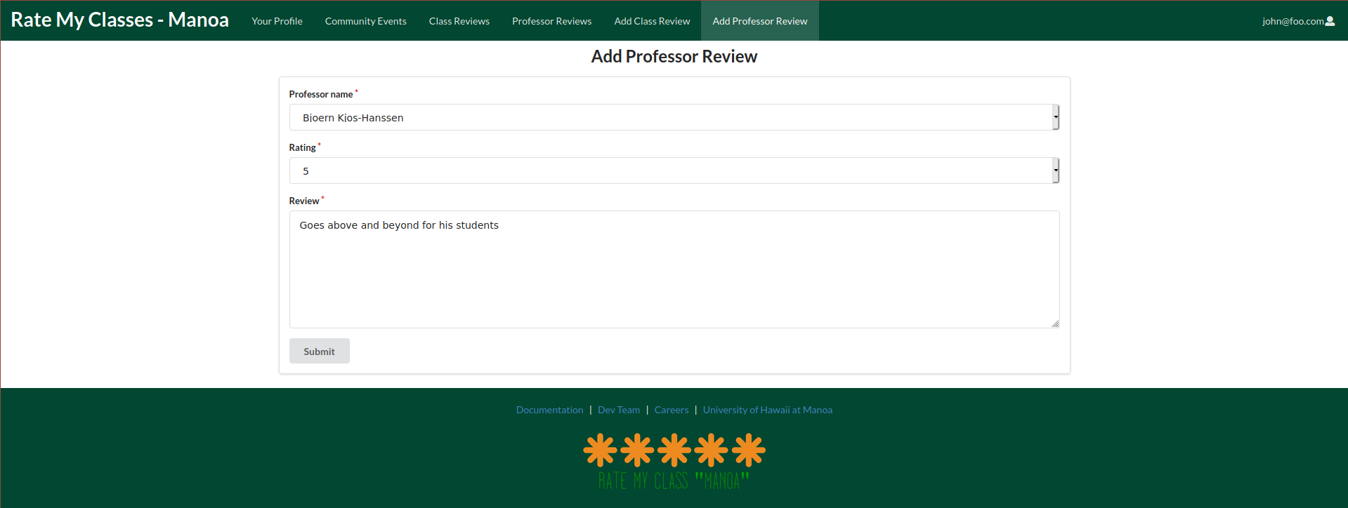 screenshot of the Add Professor Review page