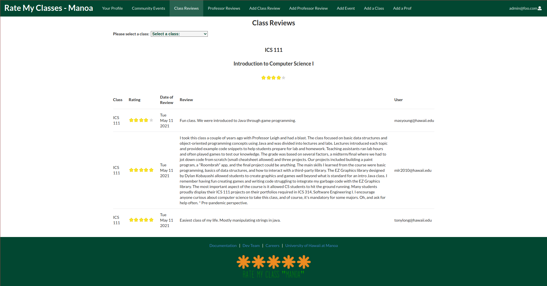 screenshot of the Class Review Page