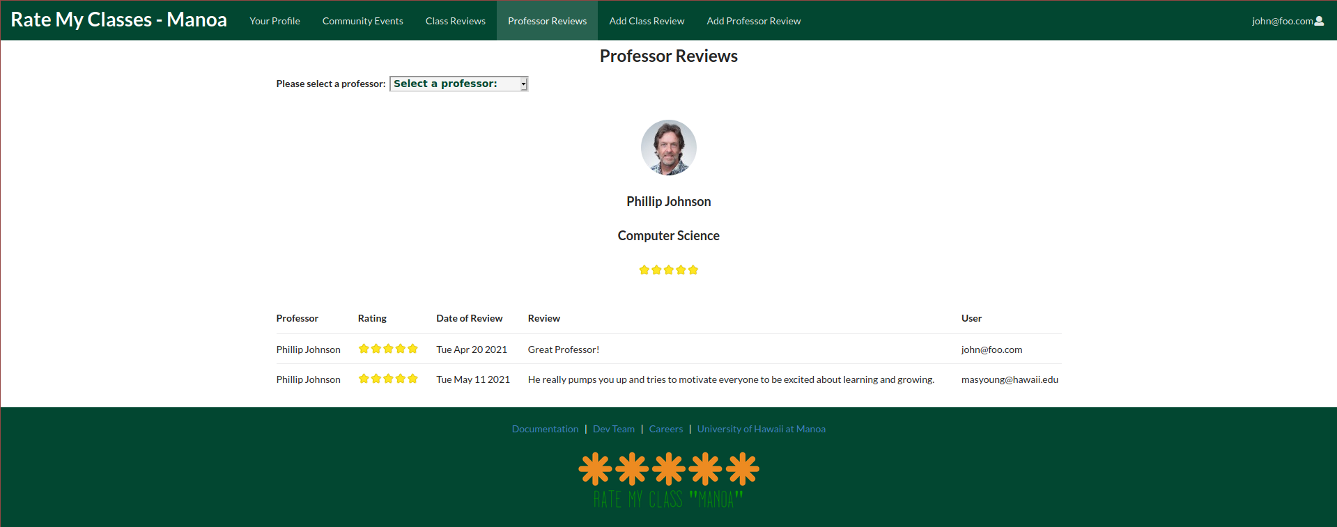 screenshot of the Professor Review Page