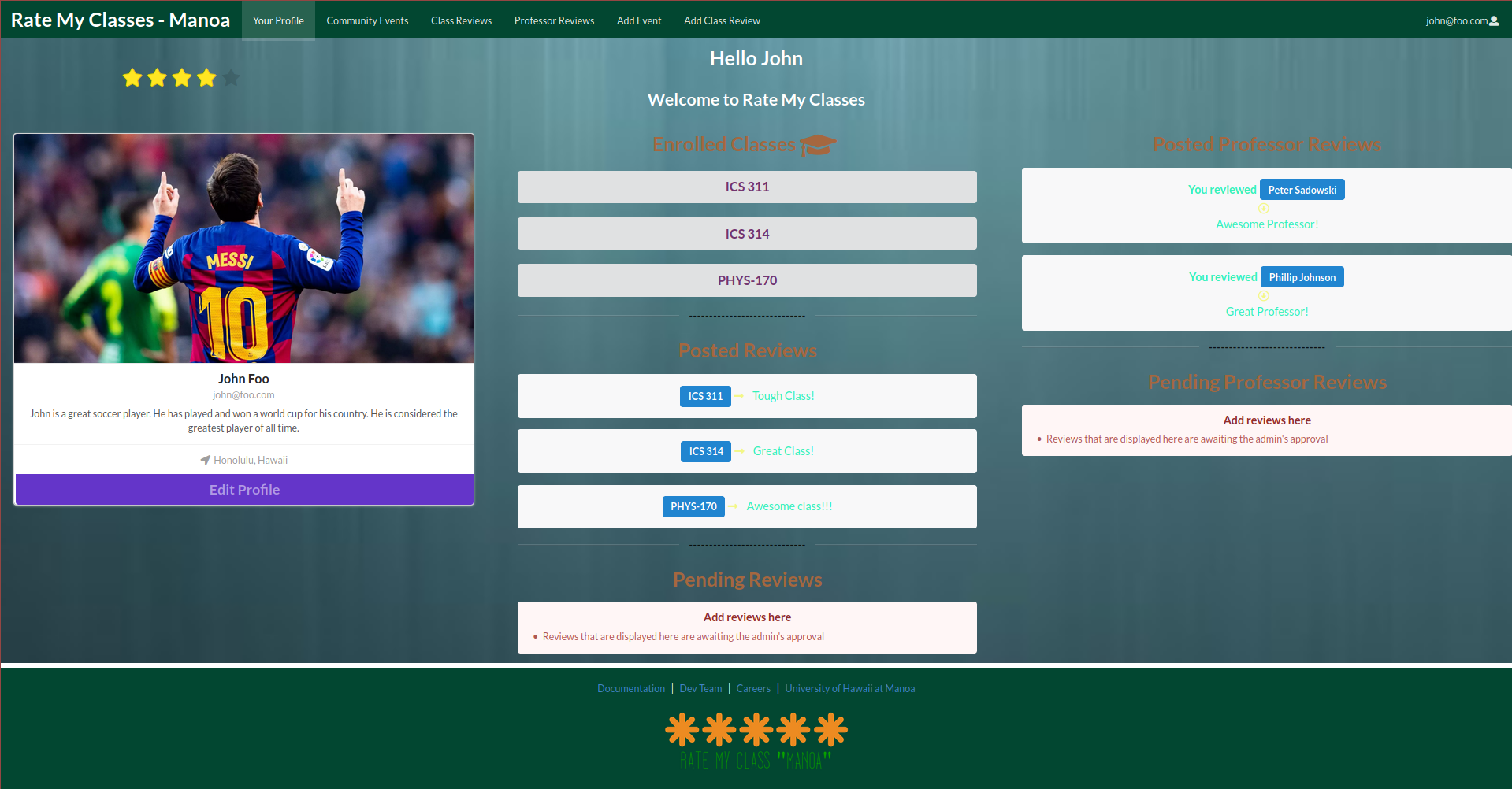 mockup of the User Profile page