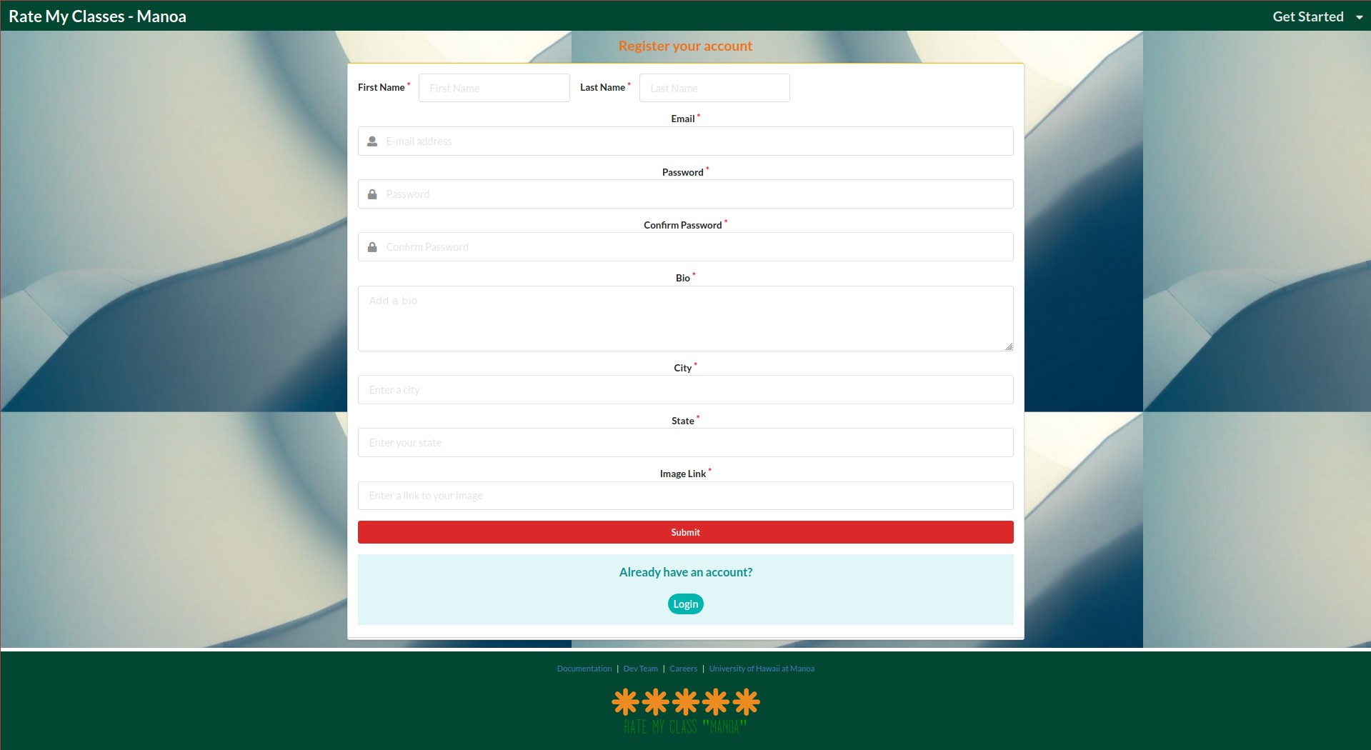 screenshot of the sign up page